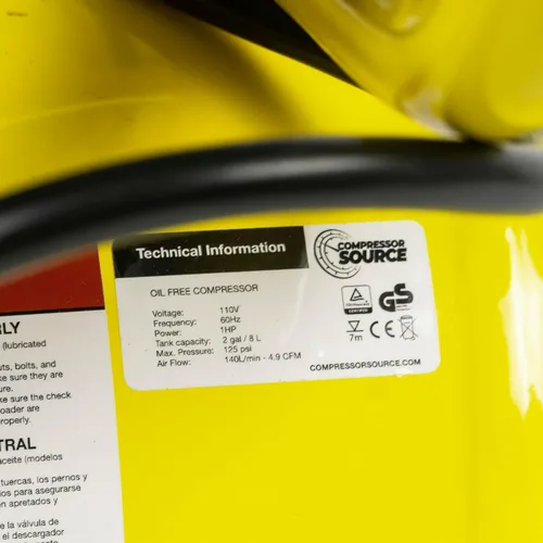 Vista 7 de Compressor Source Compresor de aire portátil de 2 galones 4.9 CFM 125 PSI Max 1 HP sin aceite 66dB silencioso