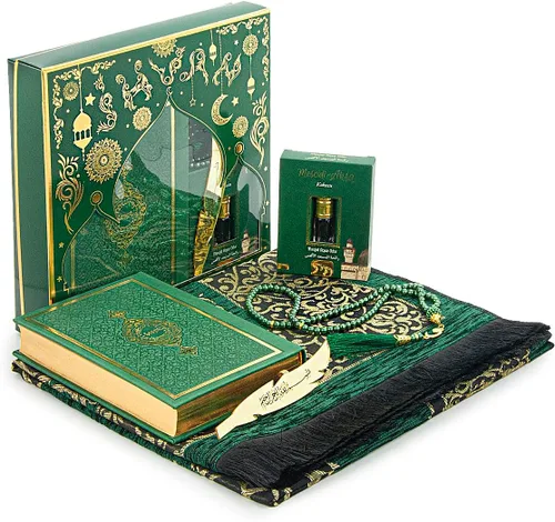 Vista 12 de ihvan online Juego de regalo de oración para hombres y mujeres, alfombra de oración musulmana, tapete de salah, cuentas Taasbih, Sagrado Corán