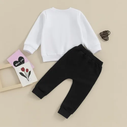 Vista 3 de SOLILOQUY Conjunto de sudadera con cuello redondo y estampado de letras para el día de San Valentín para bebé niño y niña