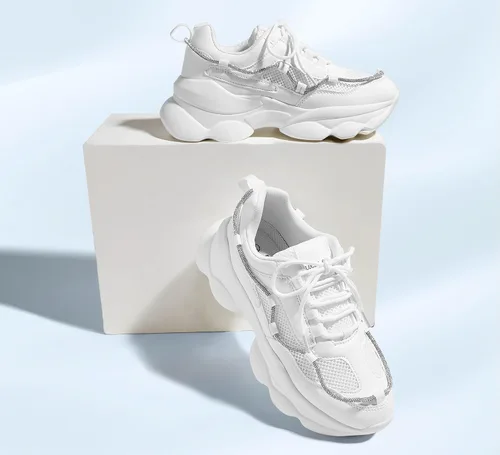 Vista 5 de LUCKY STEP Zapatos deportivos gruesos de los años 90 para mujer, con plataforma de cuerda con diamantes de imitación brillantes, casuales, gruesos