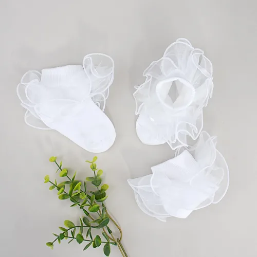 Vista 6 de Calcetines de doble volantes para niñas pequeñas, con ribete de encaje con volantes, color blanco, con tutú, 3 pares