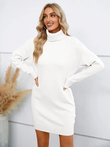 Vista 4 de SENFURE Vestido de suéter de cuello alto para mujer de gran tamaño de punto sin botones de punto de otoño Blanco