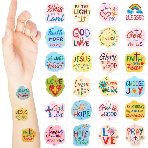 Vista 16 de Landhoow 240 tatuajes religiosos cristianos temporales para niños, tatuajes faciales con brillantina, calcomanías para el cuerpo, accesorio