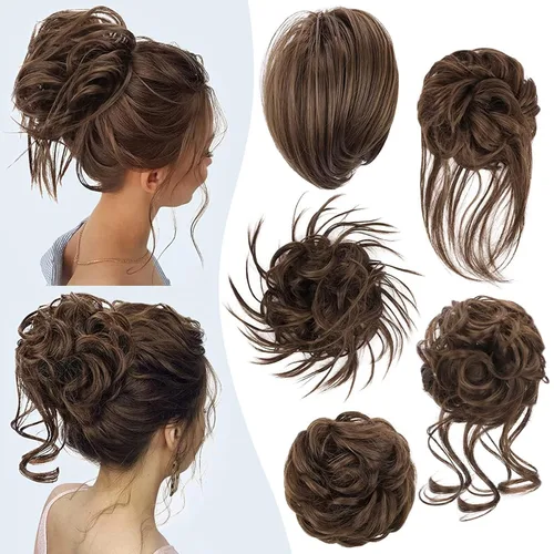 Vista 7 de HMD 5 piezas de moño despeinado para mujer, extensión de cabello con banda de goma elástica, extensión de cabello largo y desordenado, accesorios