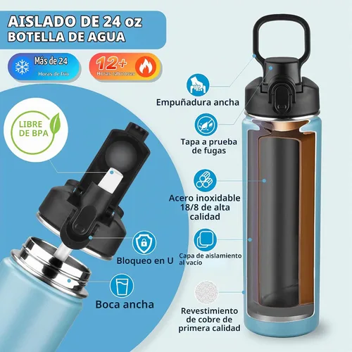Vista 2 de Botella de agua aislada con tapa, botella de agua de acero inoxidable de 24 onzas para niños, niñas, botella de agua aislada al vacío de doble pared