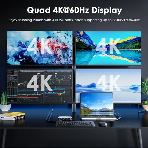 Vista 8 de WAVLINK USB 3.0 o USB-C a Quad HDMI Splitter Pantalla extendida para cuatro monitores con 85W PD, adaptador Displaylink 4 HDMI 4K @60Hz para Mac