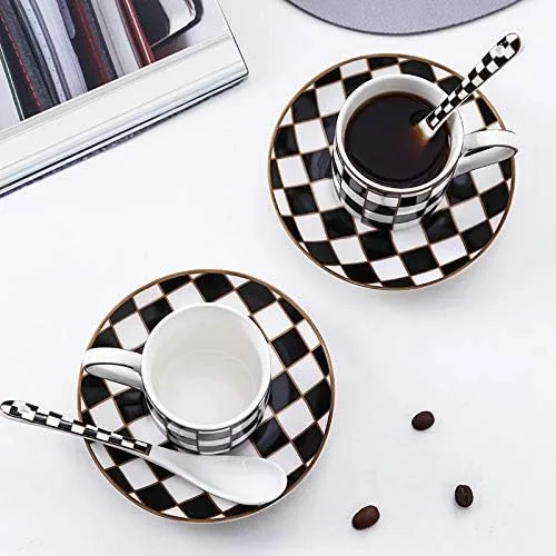 Vista 7 de Checker - Juego de 6 tazas y platillos de espresso de 3 onzas, juego de tazas Demitasse