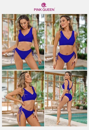 Vista 4 de Pink Queen Traje de baño de dos piezas con cordones para mujer, cuello en V, push up