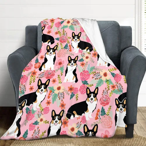 Vista 5 de Manta de Corgi regalos para las amantes de Corgi para mujeres, lindas flores corgis, manta de franela de forro polar, suave y cálida manta rosa