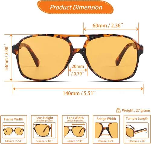 Vista 3 de Lentes de sol de color amarillo transparente de inspiración retro de los años 70 para hombres y mujeres, lentes teñidas de ámbar