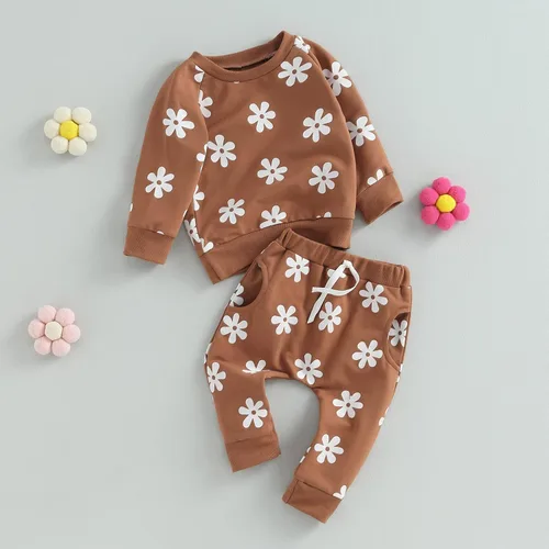 Vista 2 de MAYUMMPY Conjunto de 2 piezas de sudadera con cuello redondo floral y pantalones para bebé niña