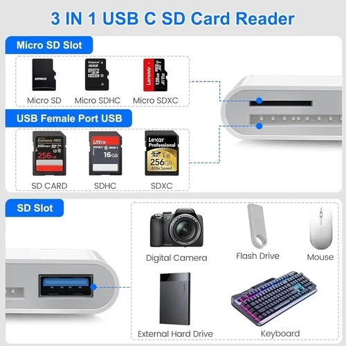 Vista 2 de Lector de tarjetas SD para iPhone, iPad, adaptador de tarjeta SD USB C Lightning de doble puerto, lector de tarjetas de memoria para adaptador
