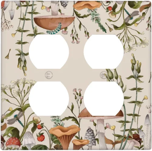 Vista 73 de Placa de Pared en Blanco de 1-Gang Sin Dispositivo Beige Lindo Vintage Boho de los 70s Hongo Fungus Planta Floral Botánica Libélula Interruptor