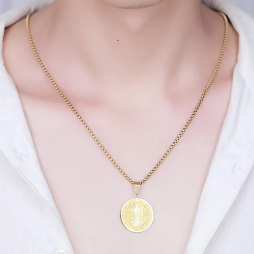 Vista 5 de Yonhon Collar con medalla de San Benito, pulsera de acero inoxidable, regalo católico de exorcismo para hombres
