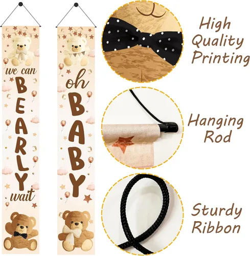 Vista 2 de Decoración de baby shower con texto en inglés «We Can Bearly Wait», 2 unidades, oso para baby shower, porche, letrero de revelación de género