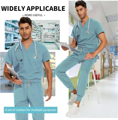 Vista 5 de VIAOLI Conjunto de ropa quirúrgica para hombre con cuello en V y pantalón deportivo de 8 bolsillos para enfermería, conjuntos de uniformes médicos