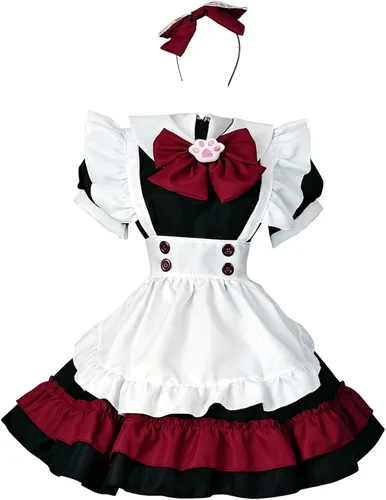 Vista 4 de Disfraz de sirvienta de talla grande disfraz gótico de Lolita negro y rojo disfraz de cosplay de anime para gatos y niñas Lolita lindo XXS