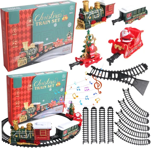 Vista 4 de Juego de tren eléctrico de 14 piezas para niños, luz y sonidos, tren de Navidad simulado con 4 carruajes, juegos clásicos de Navidad con pistas