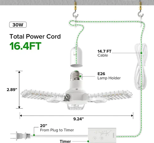 Vista 2 de SANSI Luces colgantes de cultivo para plantas de interior, luz colgante de 30 W con temporizador, 3 paneles ajustables, espectro completo, 4700 lm