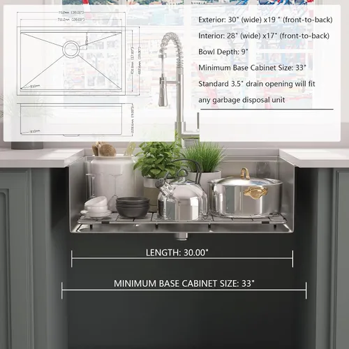 Vista 7 de Fregadero de cocina moderno con estación de trabajo de calibre 18 de 30 pulgadas, fregadero de cocina R10 de acero inoxidable de radio ajustado