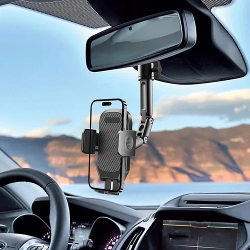 Vista 2 de Quyee Soporte para Teléfono de Coche, Soporte para Teléfono de Espejo Retrovisor - Montaje de Aleación de Aluminio con Ajuste Multi-Ángulo Giratorio