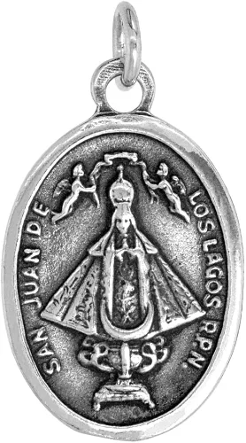 Vista 3 de Collar con medalla de Nuestra Señora de San Juan de los Lagos, acabado oxidado, cadena ovalada de 0.071in