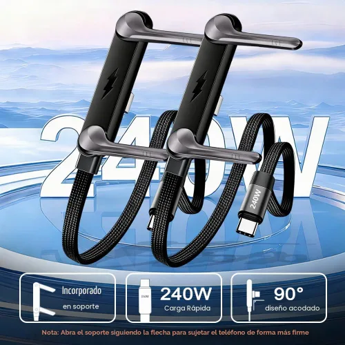 Vista 5 de 2 cargadores de teléfono laterales con 5 bridas de silicona para cables, cable de carga invisible de 240 W con soporte de metal ajustable de 360°