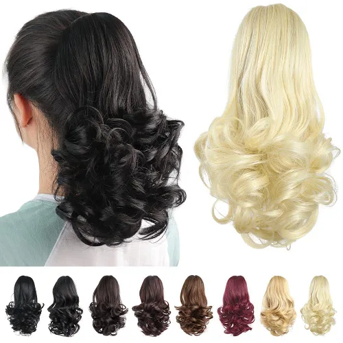 Vista 4 de Extensiones de cola de caballo de cabello rubio, extensiones de cola de caballo para mujer, pinza de extensiones de cabello rizado de 12 pulgadas