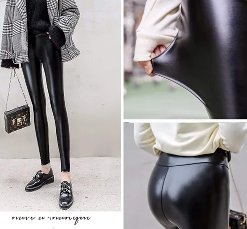 Vista 5 de Romastory Leggings de piel sintética para mujer mallas elásticas de cintura alta para mujer