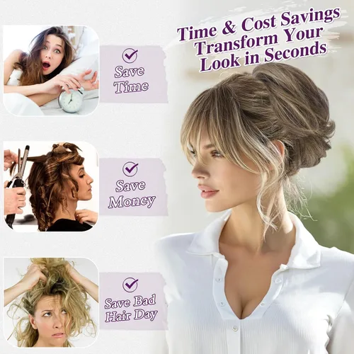 Vista 5 de BARSDAR 2 piezas de cabello desordenado de moño + clip de garra, extensión de cola de caballo de cabello humano corto con metales flexibles, marrón