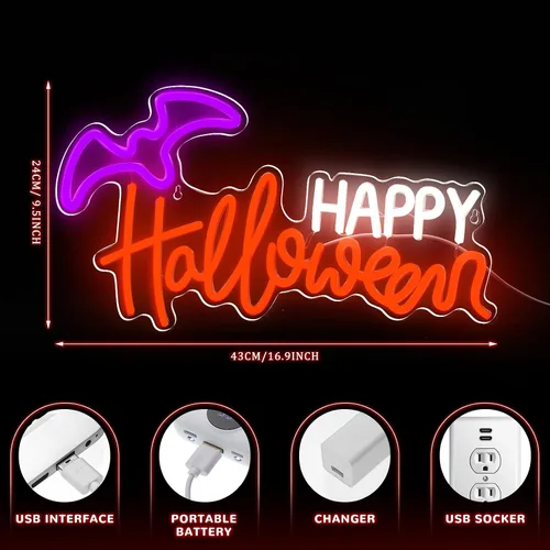 Vista 2 de Treela Letrero de neón de Halloween para decoración de pared, luces LED de neón para ventana, funciona con USB, murciélago iluminado para pared
