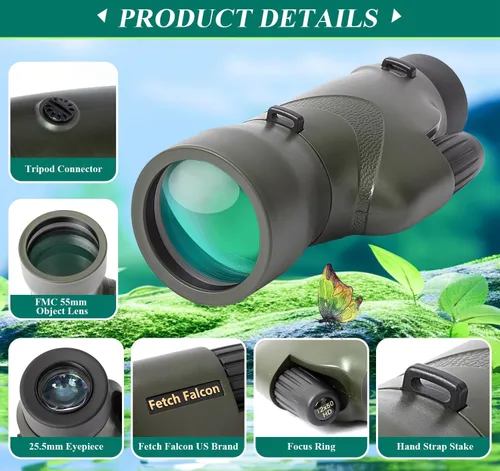 Vista 4 de Monoculares impermeables con relleno de nitrógeno HD 12x50 IPX7 con soporte para teléfono, trípode, correa de mano – Óptica BAK4 FMC, HD verde