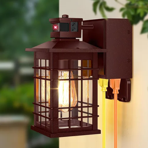 Vista 13 de Lámpara exterior con sensor de movimiento para montaje en pared, de bronce aceitado del anochecer al amanecer, impermeable, con base E26, linterna