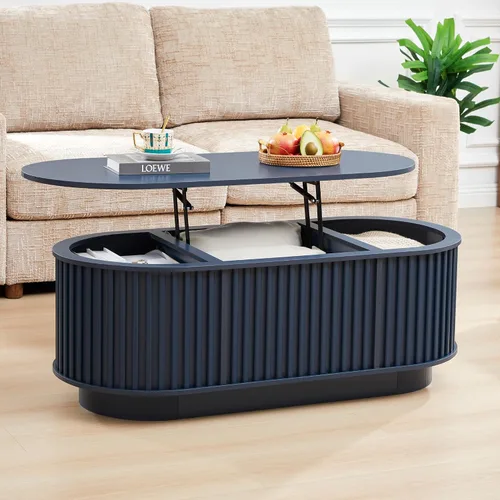 Vista 9 de Mesa de Centro Ovalada con Tapa Elevable y Almacenamiento, 43.3" Mesa Central Moderna de Mediados de Siglo con Compartimento Oculto, Mesa de Comedor