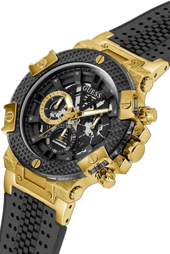 Vista 4 de GUESS Reloj para hombre de 1.811in, correa gris, esfera negra, tono dorado, Gris