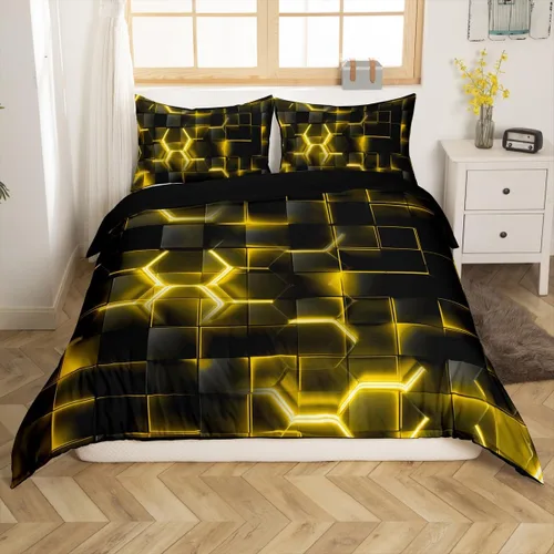 Vista 24 de Feelyou Juego de ropa de cama verde y negro tamaño individual para niños y adolescentes, juego de funda de edredón con temática hexagonal