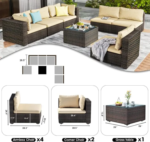 Vista 3 de Juego de muebles de patio al aire libre, 7 piezas, sofá seccional de mimbre con cojines y mesa de té, sofá de conversación de ratán para patio Beige