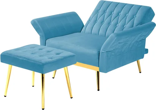 Vista 7 de Silla decorativa de terciopelo con respaldo y reposabrazos ajustables, sillón reclinable individual con otomana y patas mentales doradas para sala