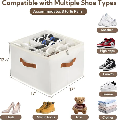 Vista 6 de VZZNN Paquete de 2 organizadores de zapatos para armario, contenedores plegables de almacenamiento de zapatos con cubierta transparente y divisores