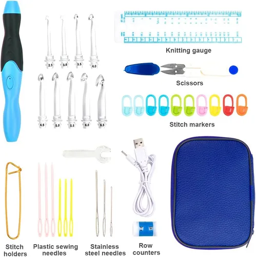 Vista 5 de Vidillo Juego de luces de ganchillo con funda, ganchos ergonómicos recargables iluminados, 9 ganchos intercambiables con una funda de ganchillo