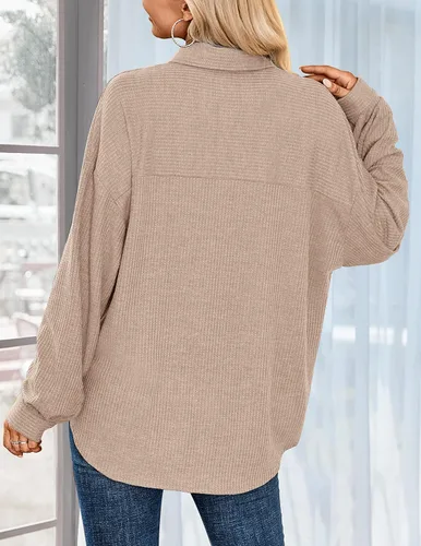 Vista 4 de Hotouch Camisa de manga larga con botones para mujer, estilo casual, ajuste holgado, color rosa, con bolsillos