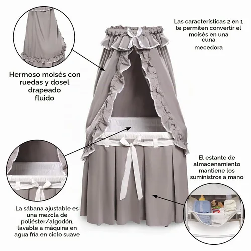 Vista 6 de Moisés para bebé con dosel Majesty de Badger Basket, Gris/Blanco