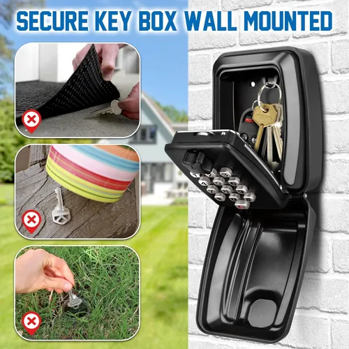Vista 2 de Caja de bloqueo de llaves montada en la pared, caja de almacenamiento de llaves impermeable de 12 dígitos, caja de seguridad de gran capacidad