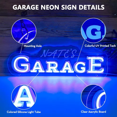 Vista 6 de Letreros de neón personalizados con nombre de garaje para decoración de pared con control remoto de temporizador, luz de neón LED de garaje