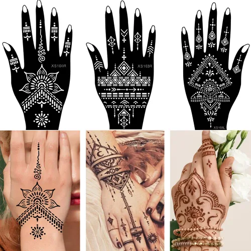 Vista 6 de XMASIR 20 hojas de plantillas de tatuaje de henna para mano, plantillas temporales de tatuaje de aerógrafo, calcomanías de tatuaje árabe, plantillas