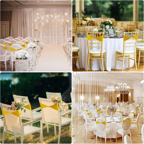 Vista 7 de Frienda 120 cintas elásticas de elastano para silla, bandas elásticas para fundas de silla, lazos sin hebilla para bodas, recepciones, eventos, Oro