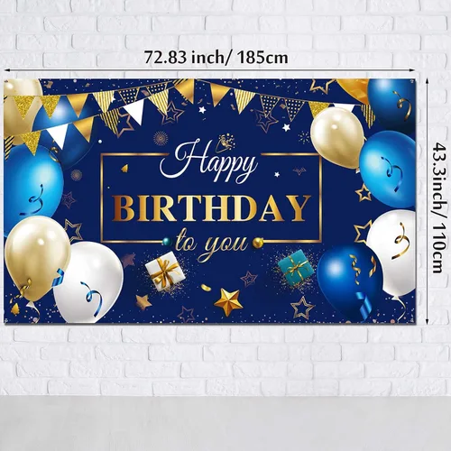 Vista 2 de Sumind Cartel de fondo de feliz cumpleaños para hombres, decoraciones de cumpleaños azul marino y dorado, fondo de fotos, suministros
