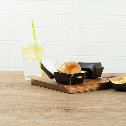 Vista 4 de Restaurantware Mini cajas de hamburguesas de 2.5 x 2.5 x 2 pulgadas, 100 recipientes de alimentos con tapa con bisagras, cajas desechables de papel