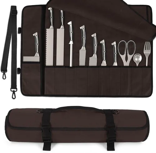 Vista 8 de lelezone Bolsa enrollable para cuchillos de chef, resistente al agua, funda de lona encerada para cuchillos, bolsas enrollables para chefs