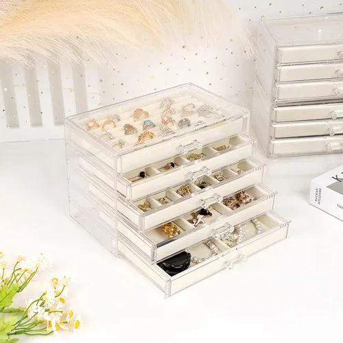 Vista 5 de BeShiny Organizador de joyas de acrílico con 5 cajones, caja de joyería transparente para mujeres y niñas, organizador de joyas de terciopelo